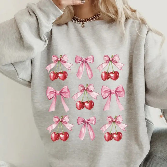 Cherry and Bow Crewneck ~ Sweatshirt Unisex Apparel Relaxed Fit Printed in the USA Clothing Womenswear Casual and...