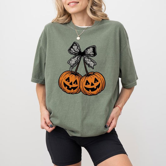ChicCotton Coquette Pumpkin Cherries Comfort Colors Shirt, Lace Bow Halloween Pumpkin T-shirt, Pumpkin Season Graphic...