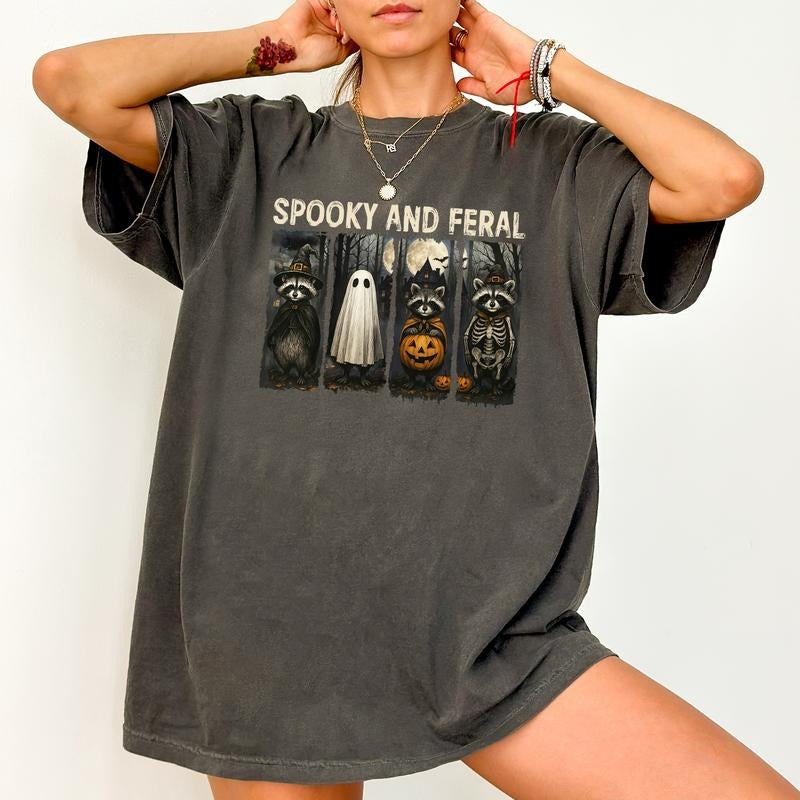 ChicCotton Spooky And Feral Comfort Colors Shirt, Halloween Raccoon T-shirt, Creepy Raccoon Graphic Tee, Spooky Vibes...