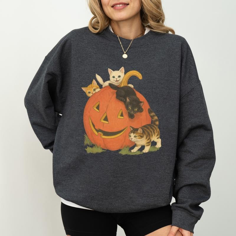 ChicCotton Vintage 90s Cat Halloween Sweatshirt, Retro Cute Cats Fall Vibes Crewneck, Vintage Jack-o-lantern Long Sleeve...