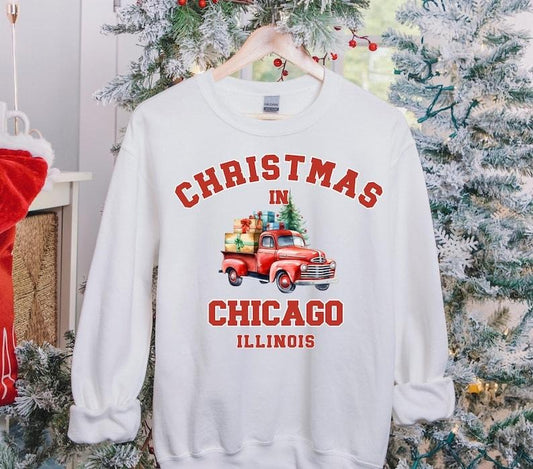 Chicago Christmas Sweatshirt, Illinois Sweater, State Shirt, Personalized City Name Shirt, Christmas Trip Sweatshirt,...