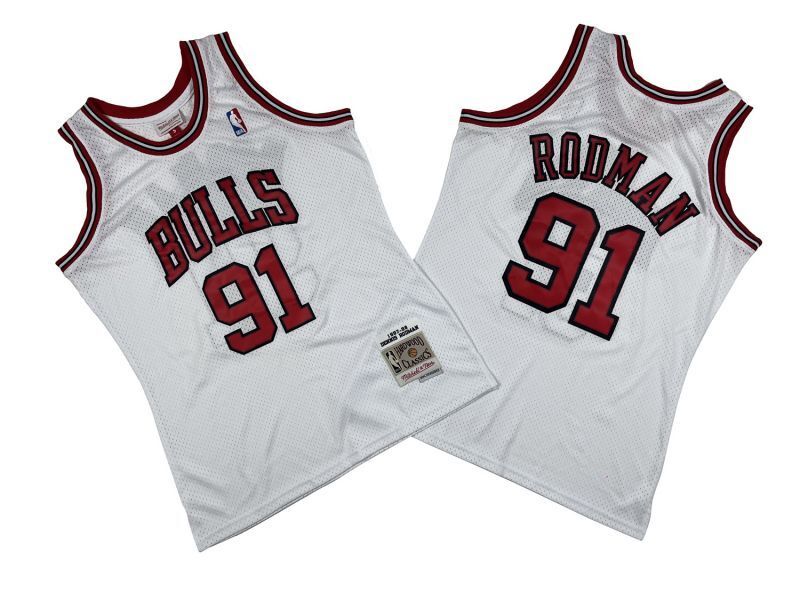 Chicago Bulls #91 Dennis Rodman Bulls 91 # White 97-98 Season Mitchell Retro Jersey -- Scottie . Pippen Style 1