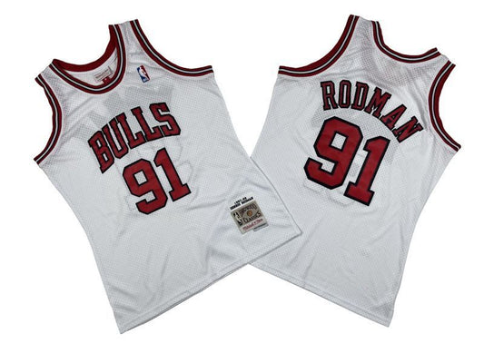 Chicago Bulls #91 Dennis Rodman Bulls 91 # White 97-98 Season Mitchell Retro Jersey -- Scottie . Pippen Style 1