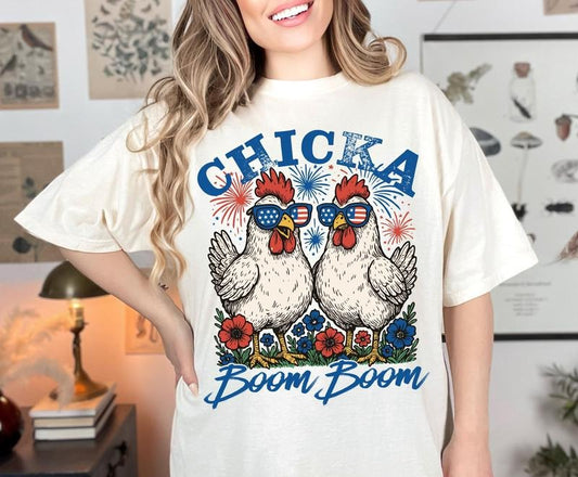 Chicka Boom Boom Shirt, Funny Patriotic Chicken 4th of July Humor Tee, Retro Farm Vibes Red White and Blue Gift, Rooster...