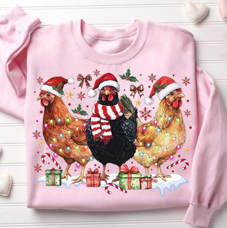 Chicken Christmas Coquette Sweatshirt, Christmas Chicken Coquette Bow Sweatshirt, Christmas Farm Sweatshirt, Trendy...