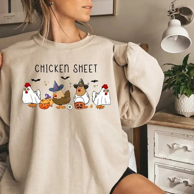 Chicken Sheet Sweatshirt, Halloween Chickens Sweatshirt, Spooky Chicken Halloween Gifts, Western Halloween Shirt,...