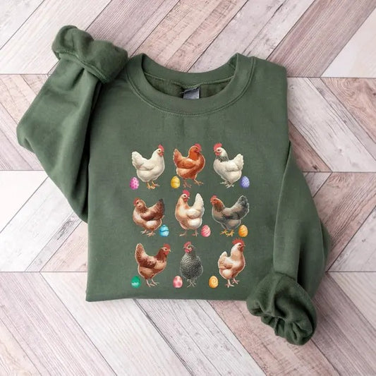 Chicken With Eggs Easter Sweatshirt, Easter Chicken Sweatshirt, Womens Easter Gift, Trendy Chicken Sweatshirt, Funny...