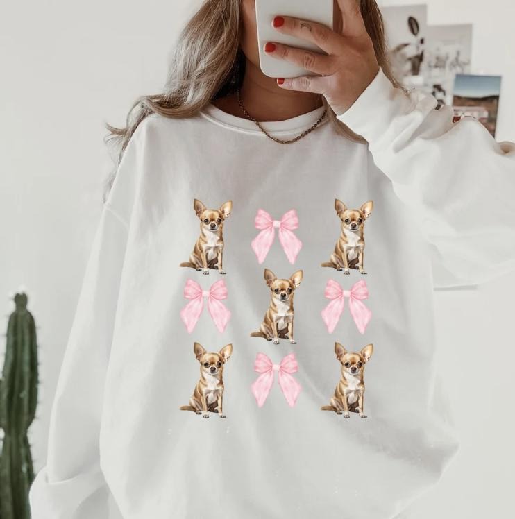Chihuaha and Bows  Crewneck ~ Sweatshirt Unisex Apparel Relaxed Fit Printed in the USA Clothing Womenswear Casual and...