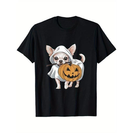 Chihuahua Ghost Dog Pumpkin T-Shirt, Unisex Cotton Crew Neck, All-Season Knit Fabric with Slight Stretch, Regular Fit,...