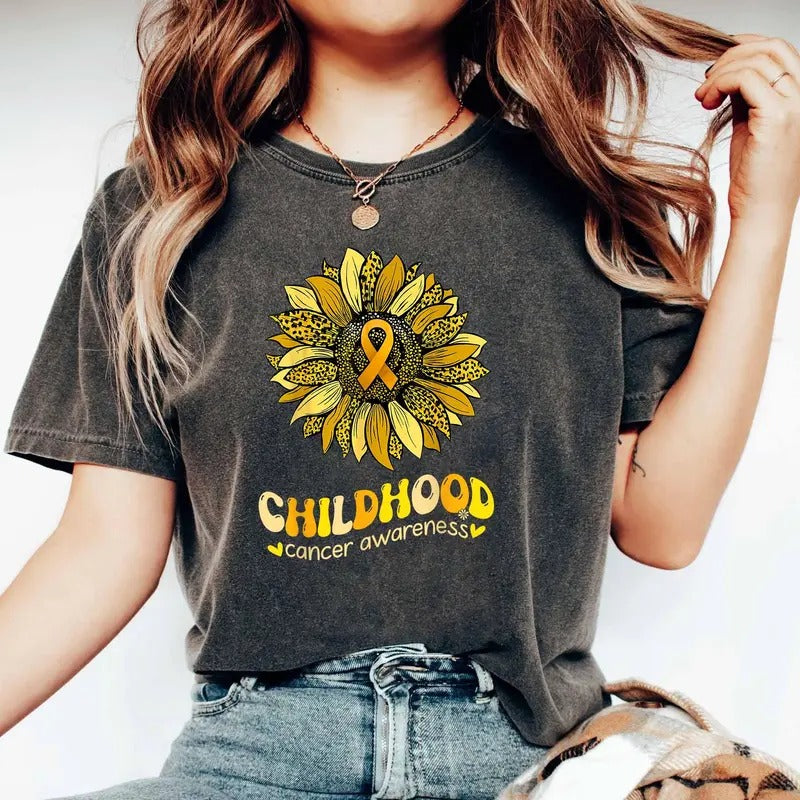 Childhood Cancer Awareness Leopard Yellow Sunflower Gold Ribbon Cancer Tee Childhood Cancer Awareness Tee Childhood...