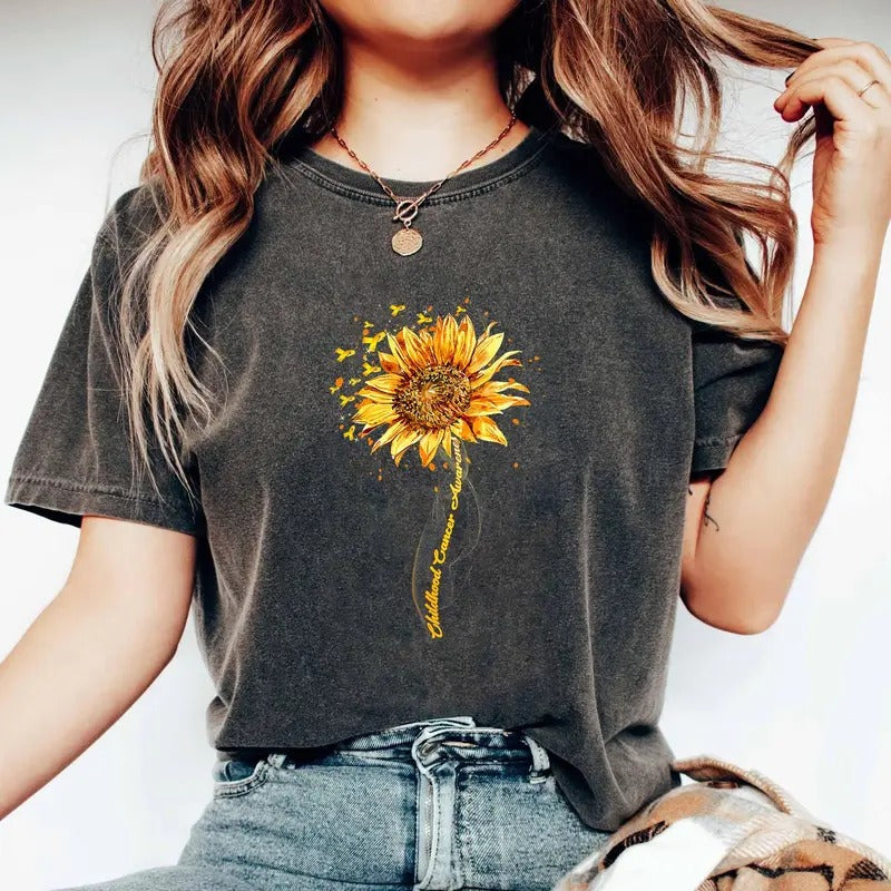 Childhood Cancer Awareness Vintage Gold Ribbon Sunflower Shirt Childhood Cancer Awareness Shirt Childhood Cancer...
