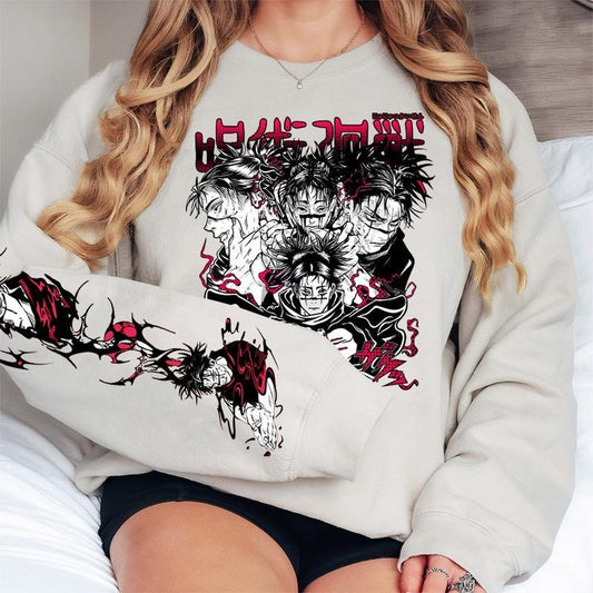 Choso JJK Graphic Crewneck Sweatshirt - Beige with Tokyo Team Jujutsu Kaisen Characters, Casual Design, Casual Cotton...
