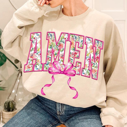 Christian Amen Flowal Coquette Bow Sweater, Easter Easter Jesus Apparel, Amen Coquette Bow Tee, Retro Bible Verse...