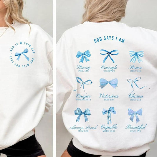 Christian Coquette Bows God Say I Am Blue Version 2 Sides Crewneck Sweatshirt, Jesus Christian Bible Verse Religious Tee...
