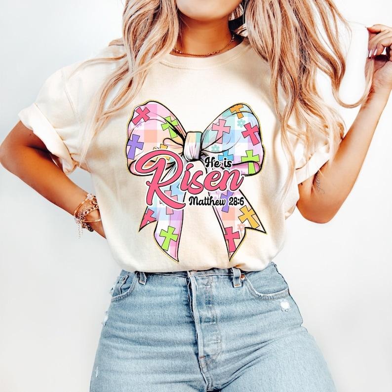 Christian Easter Coquette Bow, He is Risen, Retro Checkered Easter, Jesus Cross, Easter Story Tshirt Hoodie, Sweatshirt