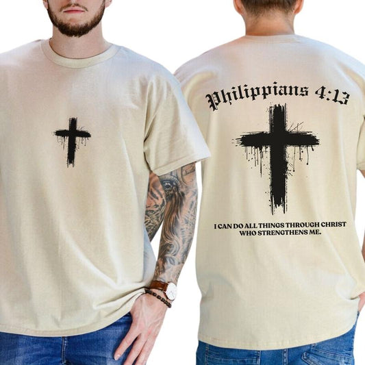 Christian Graphic Tee, All Things Through Christ Shirt, Religious Unhinged Tee, Faith T-shirt For Men, Bible Verse Men's...
