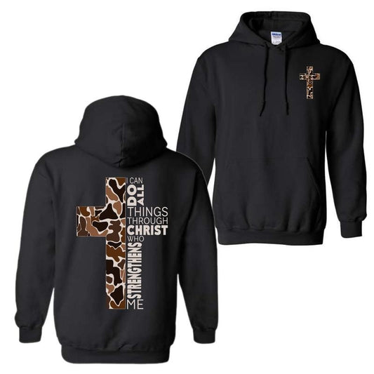 Christian Hoodie Sweatshirt T-Shirt- Camo Cross Design with Philippians 4:13 Verse, Perfect for Faithful Believers and...