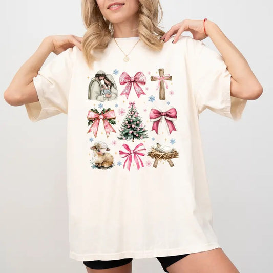 Christian Preppy Coquette Bow Shirt Comfort Colors, Pink Christmas Bows Tees for Christian Mom, Cute Religious T-shirt...