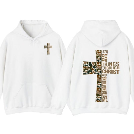 Christian T-Shirt Hoodie Camo Cross Design with Philippians 413 Verse, Hunting Shirt, Camo Sweatshirt, Outdoors Cozy...