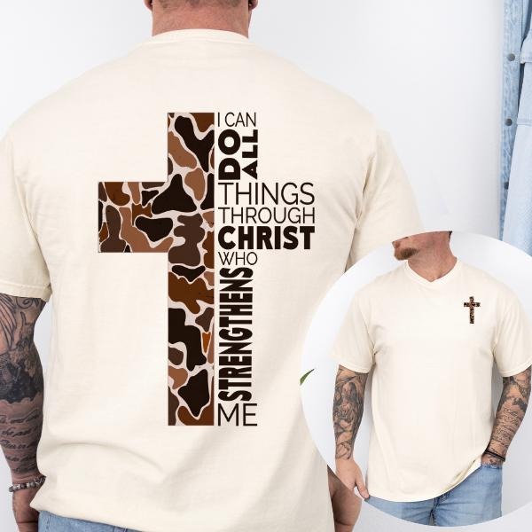 Christian Tshirt Camo Cross Design with Philippians 4:13 Verse, Perfect for Faithful Believers and Outdoorsmen, Jesus...