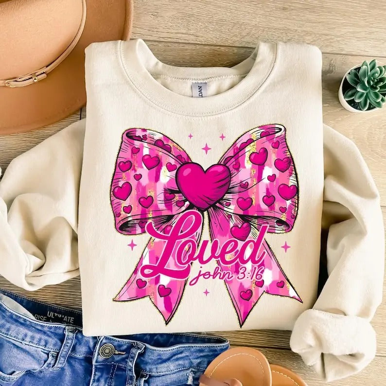 Christian Valentines Sweatshirt Loved John 316 , Retro Valentine , Pink Valentines Coquette Heart , Bible Verse , Love...
