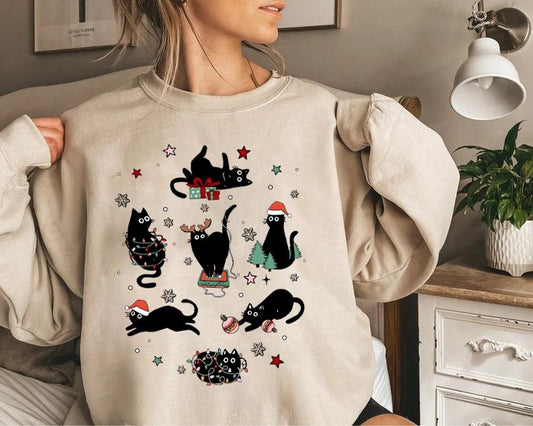 Christmas Black Cat Sweatshirt, Black Cat Christmas Shirt, Kitten Christmas Shirt, Cat Lover Gift, Cat Mom Sweater,Xmas...