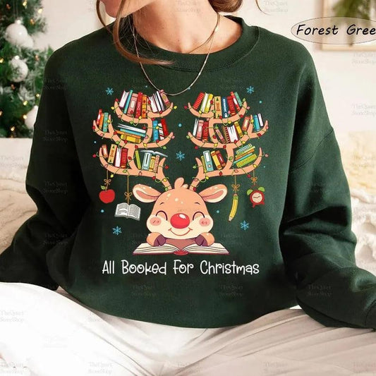 Christmas Books Sweater, Reindeer Books Xmas Tee, All Booked For Christmas Merry Teacher Librarian Sweatshirt, Books...
