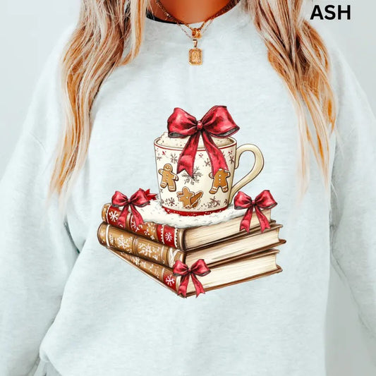 Christmas Books and Coffee Sweatshirt Christmas Winter Graphic  Casual Cotton Polyester Oversized sweatshirt - Comfort...
