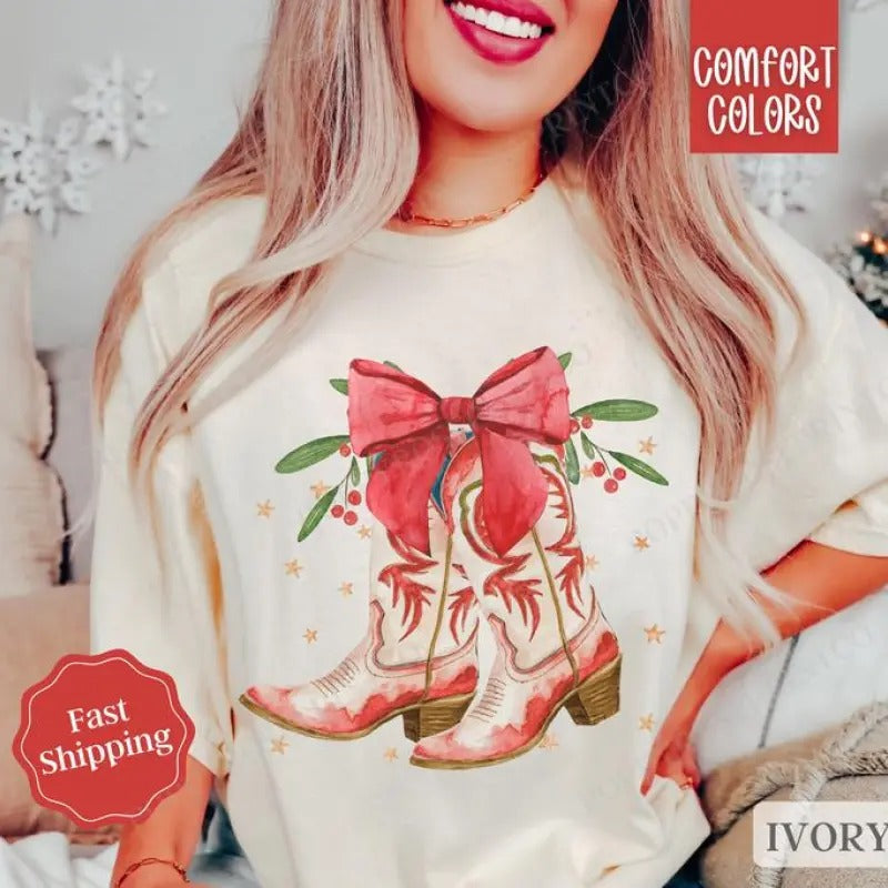 Christmas Boots Shirt Holiday Tshirt,  Country Christmas Tee, Women's Holiday Tee Hoodie, Sweatshirt | WearSparks.com