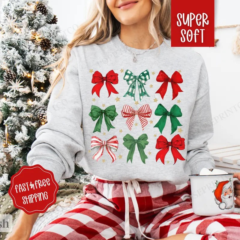 Christmas Bow Sweatshirt, Coquette Christmas Sweater, Women's Holiday Crewneck retro christmas T-Shirts, Hoodie