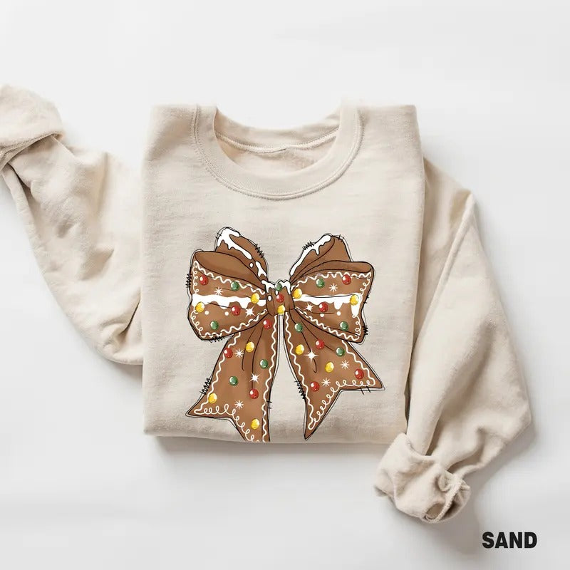 Christmas Bow Sweatshirt, Gingerbread Coquette Bow Sweatshirt, Christmas Cookies Shirt, Christmas Sweater Hoodie Cotton...