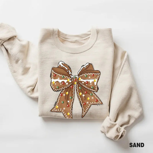 Christmas Bow Sweatshirt, Gingerbread Coquette Bow Sweatshirt, Christmas Cookies Shirt, Christmas Sweater Hoodie Cotton...