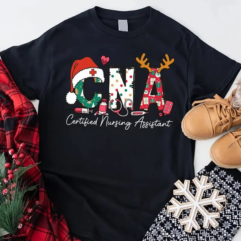 Christmas CNA Unisex T-shirt for Women, Christmas Nursing Shirt, Certified Nursing Assistant Tee Casual Fabric Hoodie,...
