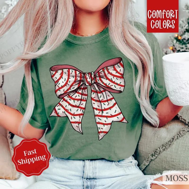 Christmas Cake Bow Shirt Comfort Colors Holiday Tshirt,  Women's Holiday Tee christmas shirt retro christmas Hoodie,...
