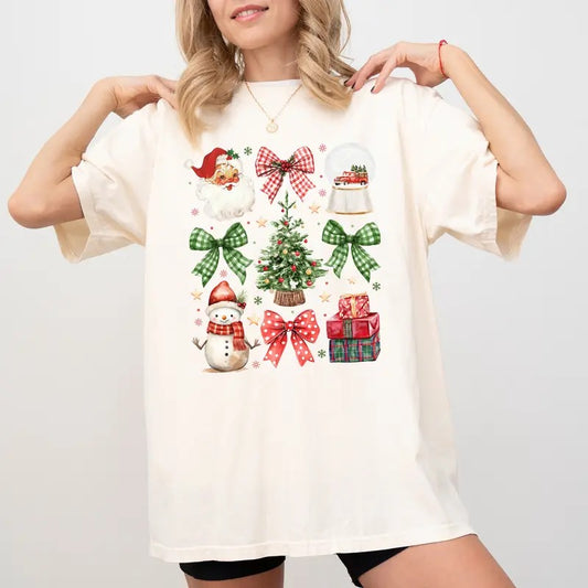 Christmas Checkered Coquette Bow Shirt Comfort Colors, Girly Christmas Tee for Women, Santa Claus Christmas Tree Gift...