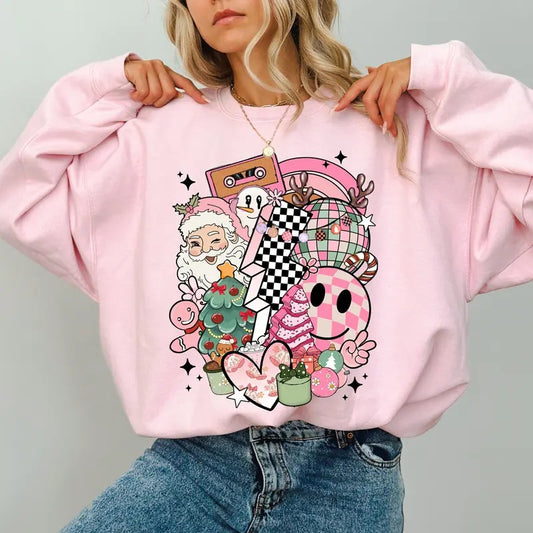 Christmas Checkered Coquette Bow Sweatshirt, Girly Christmas Crewneck for Women, Santa Claus Christmas Tree Gift Sweater,...