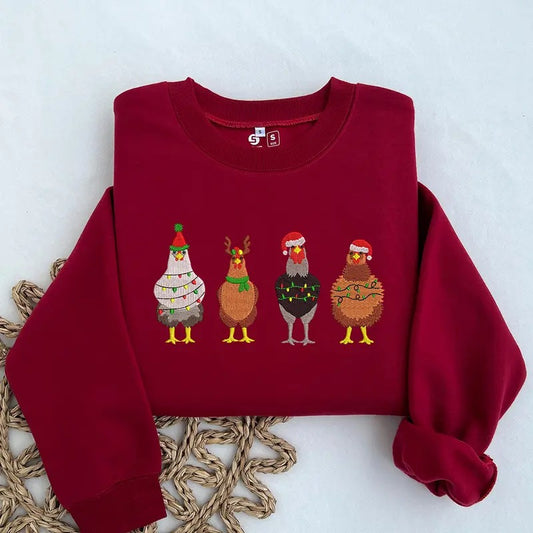 Christmas Chickens Embroidered Sweatshirt, Cute Chicken Farm Animals Holiday Embroidered Crewneck T-Shirts, Hoodie