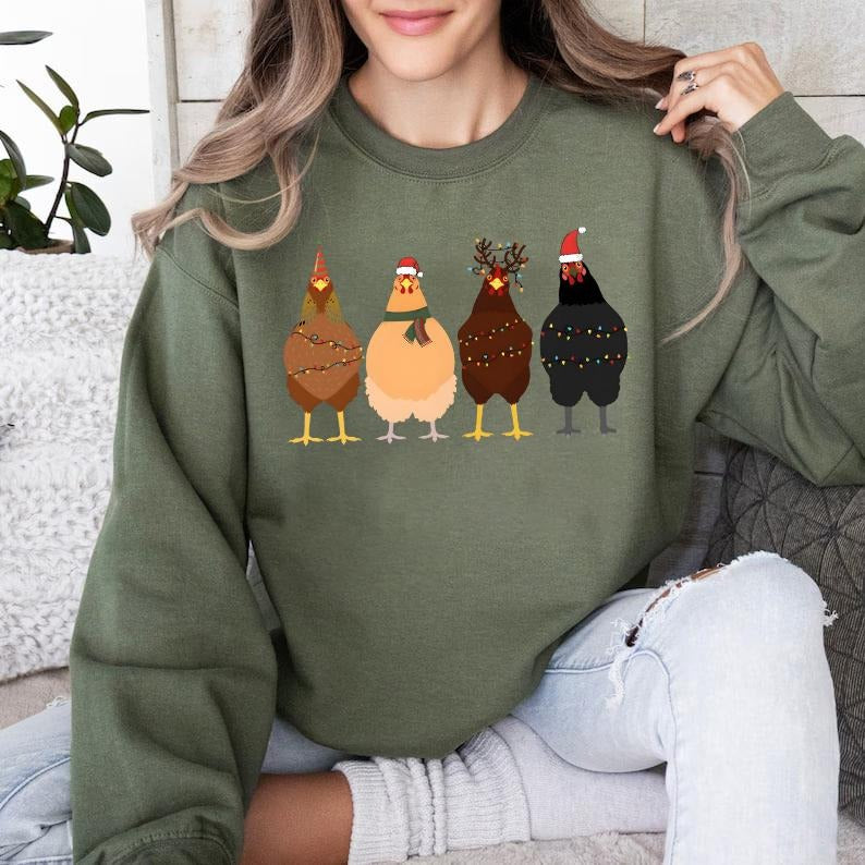 Christmas Chickens Sweatshirt, Cute Chicken Farm Animals Holiday Shirt Long Sleeve, Chicken Lover Gift, Funny Chicken...