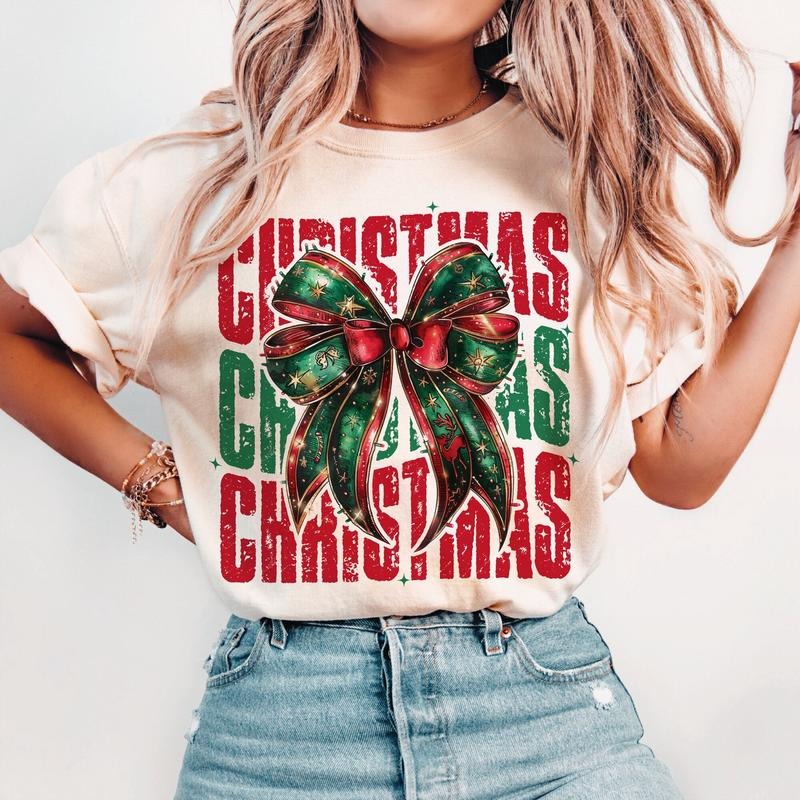 Christmas Coquette Bow Shirt, Christmas Season Sweatshirt, Christmas girly Unisex Crewneck Sweatshirt & T-shirt - Cotton...