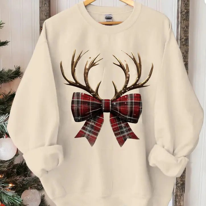 Christmas Coquette Bow Sweatshirt, Coquette Christmas, Reindeer Bow Shirt, Christmas Santa Clothing - Unisex Loose Fit...