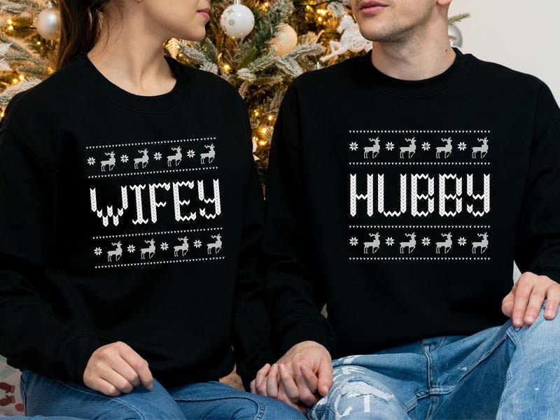 Christmas Couple Sweatshirt, Hubby And Wifey Hoodie For Christmas, Matching Newlywed Sweater, Christmas Wedding Gift...