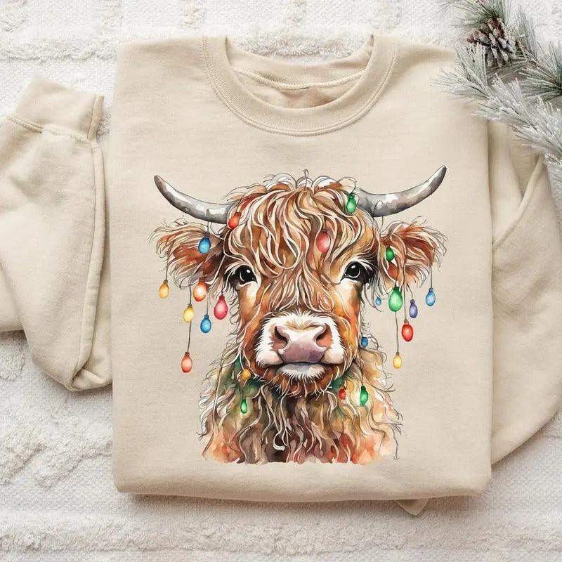 Christmas Cow Sweatshirt, Cow Lights Sweater, Cow Women Hoodie, Unisex Crewneck Sweatshirt T-Shirts | WearSparks.com