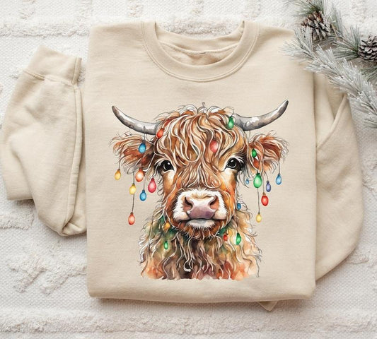 Christmas Cow Sweatshirt, Cow Lights Sweater, Cow Women Sweatshirt, Cow Lover Shirt, Christmas Sweatshirt, Highland Cow...