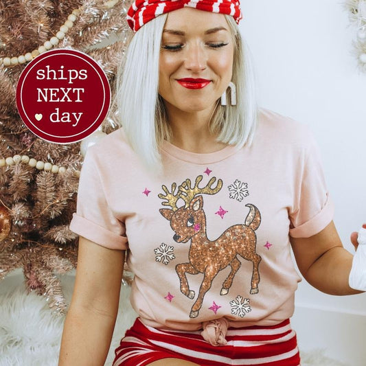 Christmas Deer T-Shirt Faux Glitter Tshirt Whimsical Holiday Tee Deer Xmas T-Shirt Snowy Christmas Tee Cotton Casual Top...