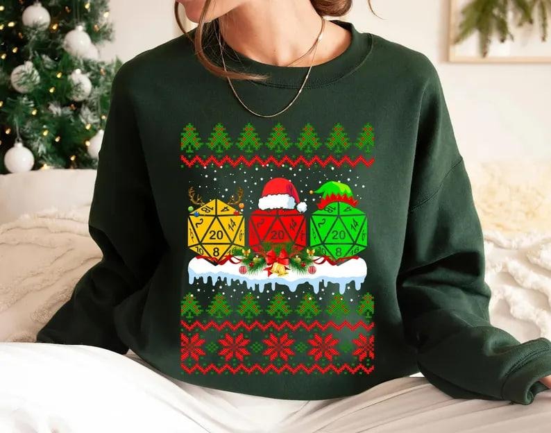 Christmas Dnd T-Shirt Sweatshirt Hoodie, D20 Dice Christmas Shirt, Dungeons and Dragons Tabletop Rpg Shirt, DND Merry...
