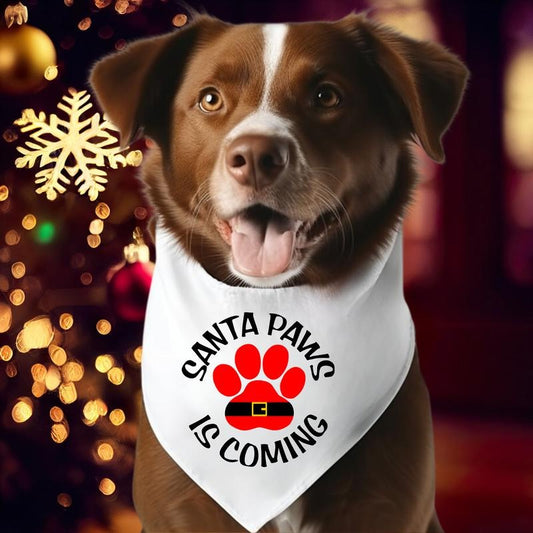Christmas Dog Bandana, Santa Paws Is Coming Bandana, Pet Owner Xmas Gift Bandana, Dog Paw Holiday Neck Scarf, Perfect...