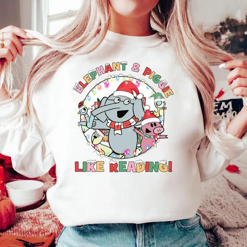 Christmas Elephant And Piggie Like Reading Shirt Teacher Xmas Gift Children Book Xmas Shirt Mo Willems Teacher Shirt...