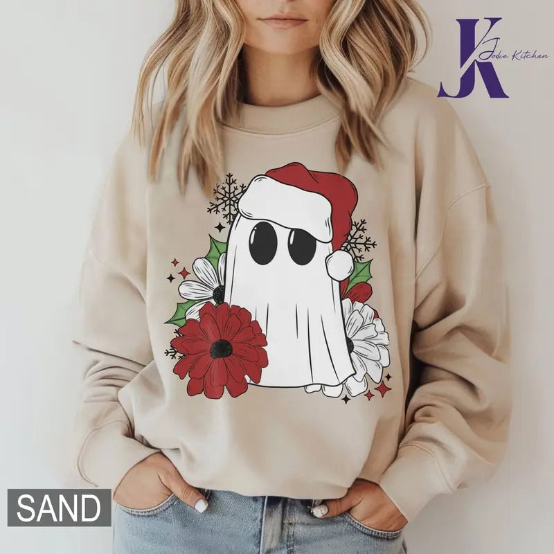 Christmas Floral Ghost Shirt, Christmas Season Sweatshirt, Cute Christmas Sweater, Winter Shirts, Winter Season Shirt Hoodie