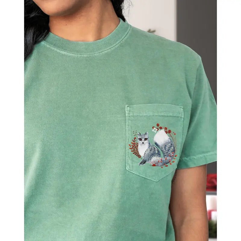 Christmas Fox, Pocket, Folk Art, Santa, Winter, Snow, Xmas, Flowers, Floral Pocket Tee, Women's Comfort Color Tee, Tshirt...