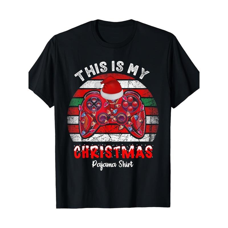 Christmas Gaming Controller Graphic T-Shirt - 100% Cotton, Crew Neck, Casual Fit, All-Season Knit Fabric, Slight Stretch,...